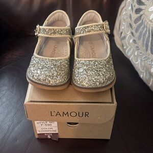 L'Amour Girls Champagne Glitter Mary Janes